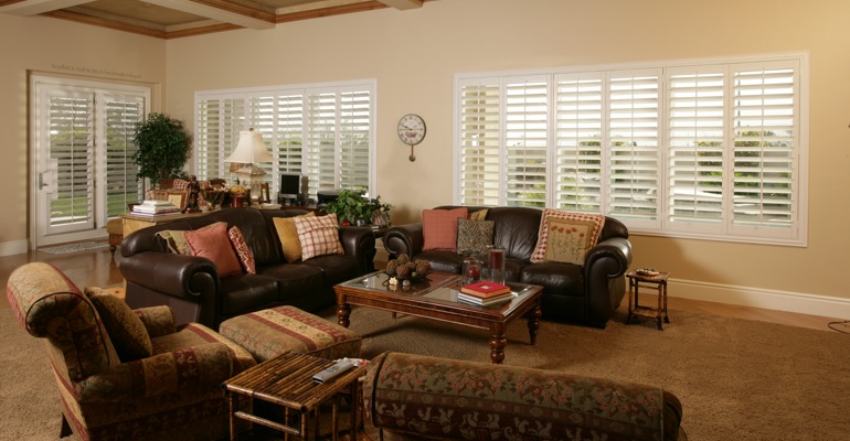 Boise sunroom with white shutters.
